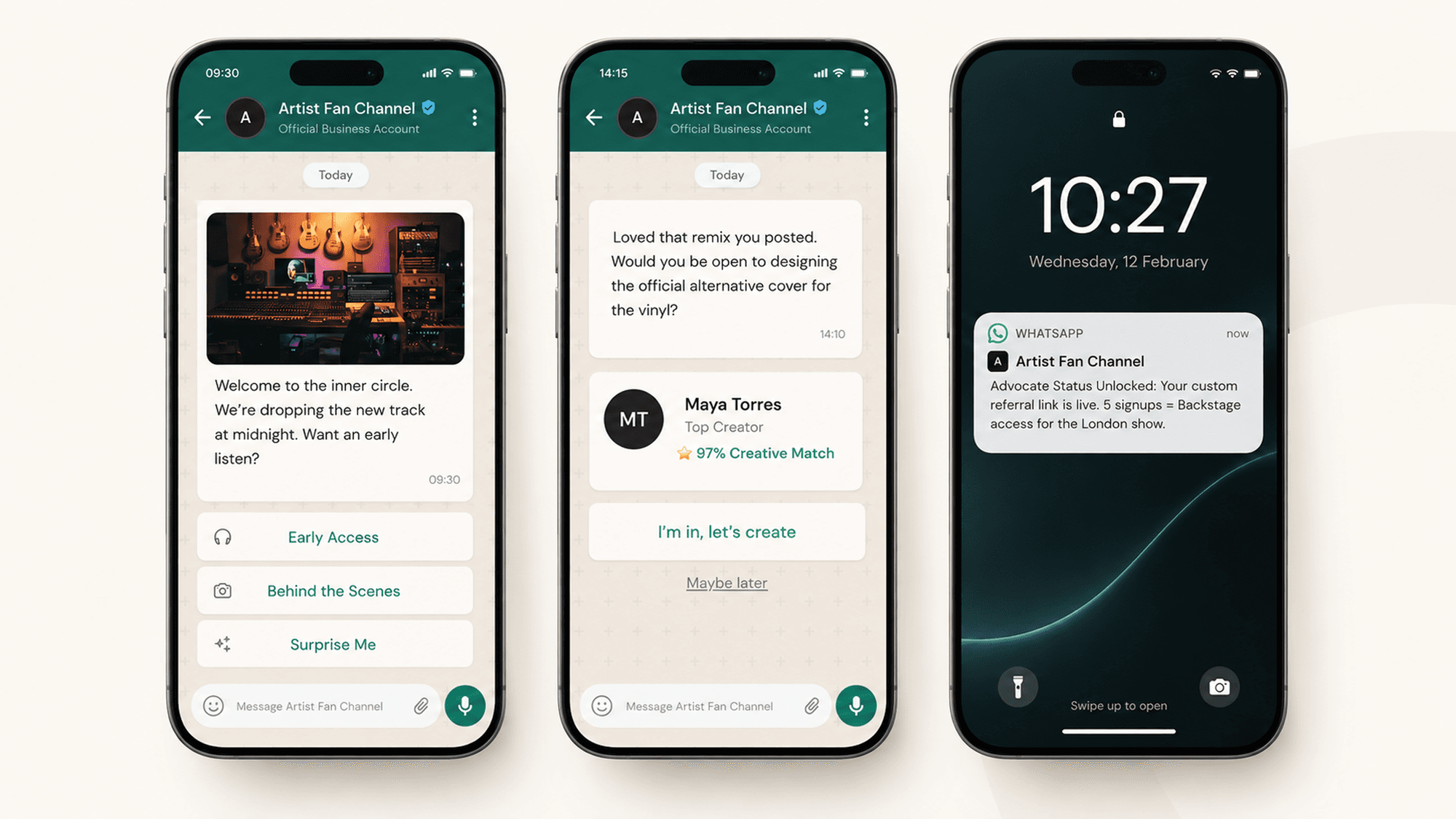 The Artist Fan Channel on WhatsApp — an early access drop, a co-creation invitation with a 97% creative match, and an advocate status unlocked notification